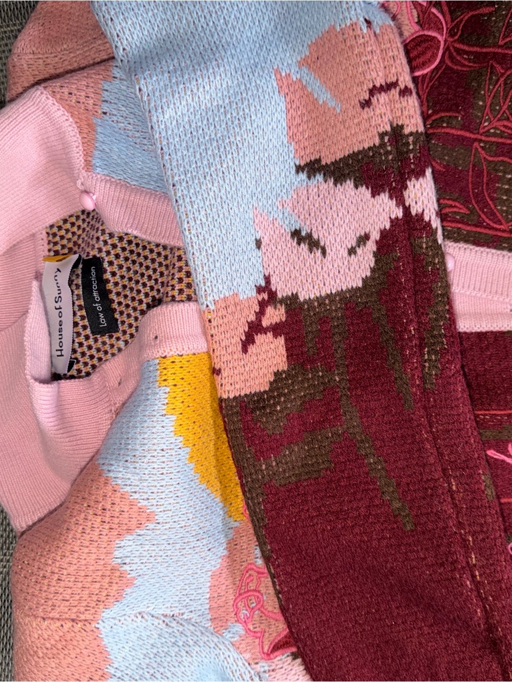 House of Sunny Pink Multi Floral Knit Cardigan with Blue and Burgundy Accents